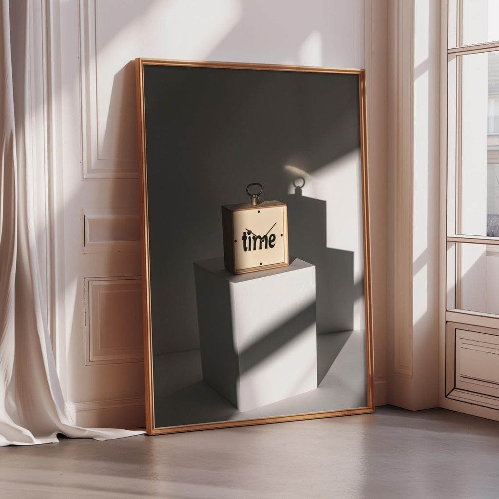 a large mirror with a gold frame, reflecting a small, square-shaped object with the word "time" written on it. The mirror is placed in a room with a window and a white curtain.