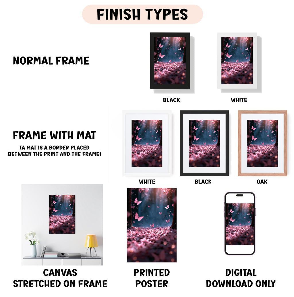 various types of artwork, including a canvas stretched on a frame, a framed poster, and a digital poster. The artwork features different finishes, such as a normal frame, a black frame, a white frame, and an oak frame. The artwork also includes a frame with a mat, a white frame, a black frame, and a digital poster. The image is a collage of multiple images, and the text provides information about the different finishes and types of artwork.