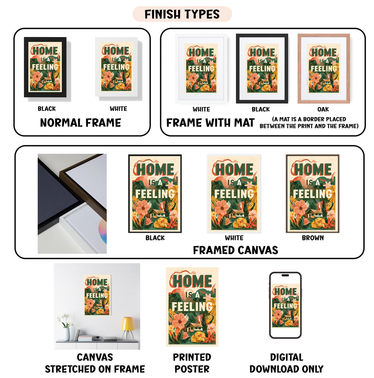 various types of artwork, including framed prints, canvas prints, and digital versions, all featuring the same design and message.