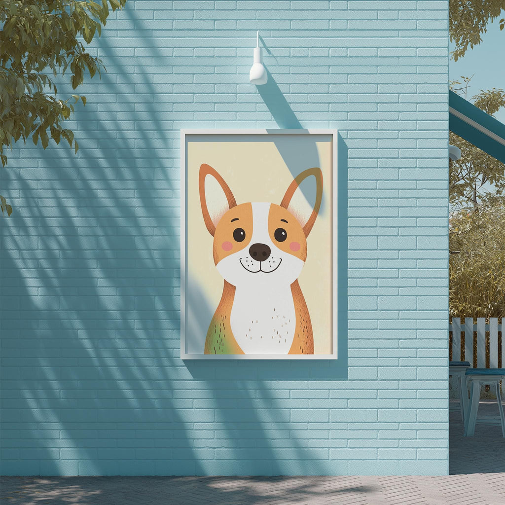 A framed illustration of a cartoon dog is displayed on a light blue brick wall, with a white light fixture above it.