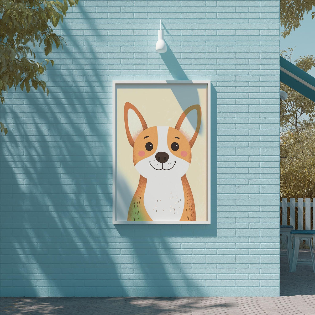 A framed illustration of a cartoon dog is displayed on a light blue brick wall, with a white light fixture above it.