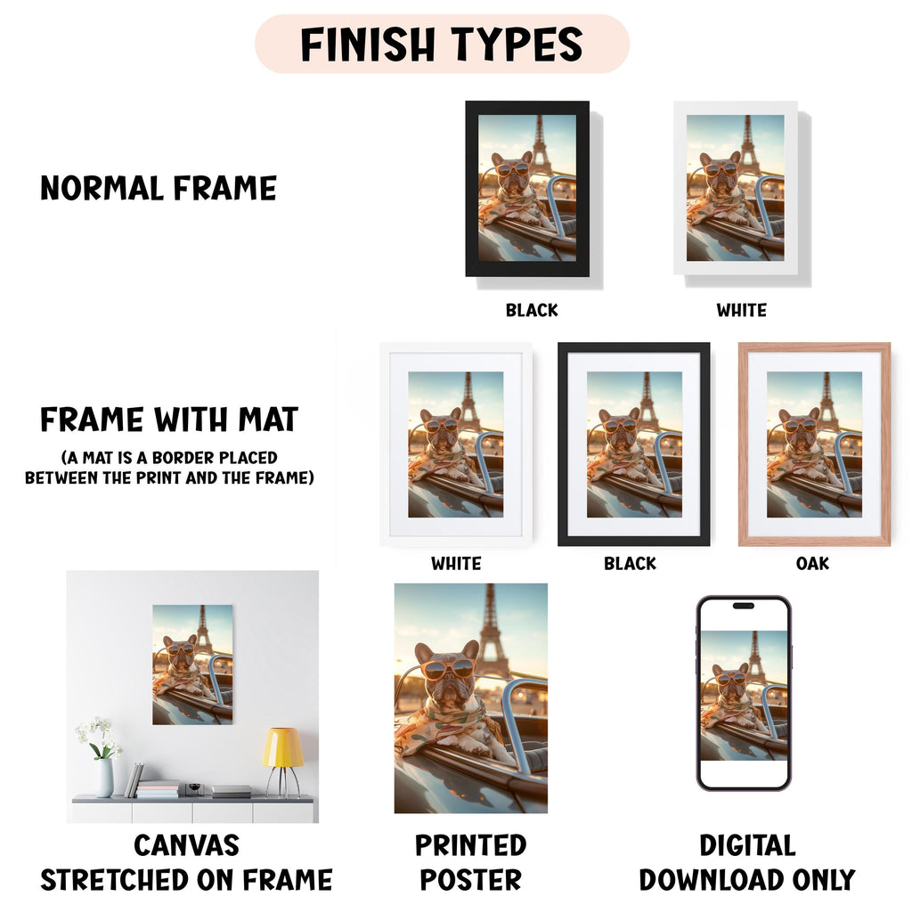 various finish types for a canvas print, including a normal frame, a frame with a mat, a white frame, a black frame, an oak frame, a white frame, a black frame, and a digital download only.