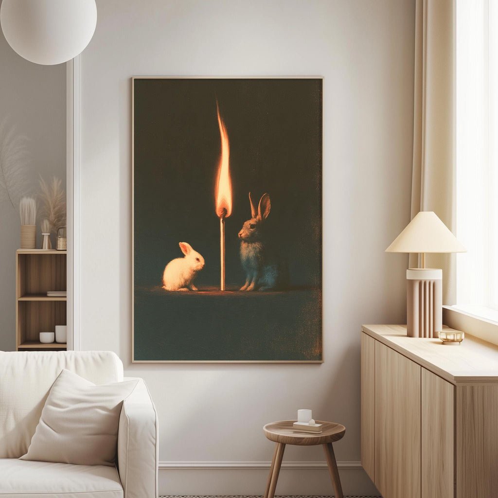 a cozy living room with a white sofa, a wooden side table, and a framed artwork featuring two rabbits sitting on a table with a lit candle between them.
