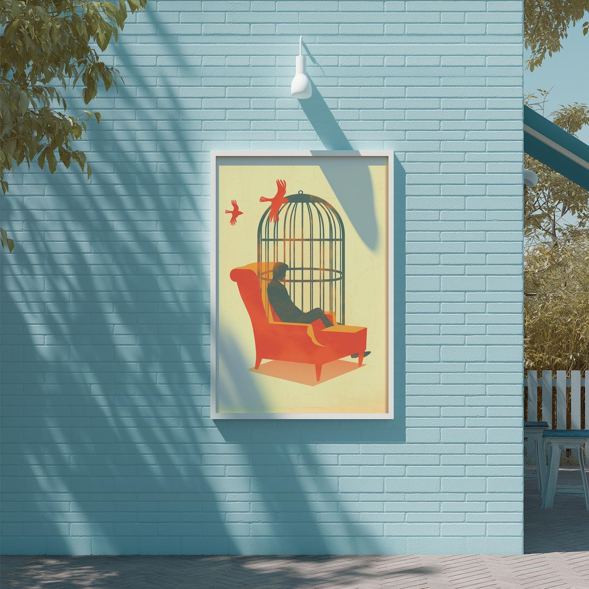 a blue brick wall with a framed illustration of a person sitting in a red armchair, with a bird in a cage above them.