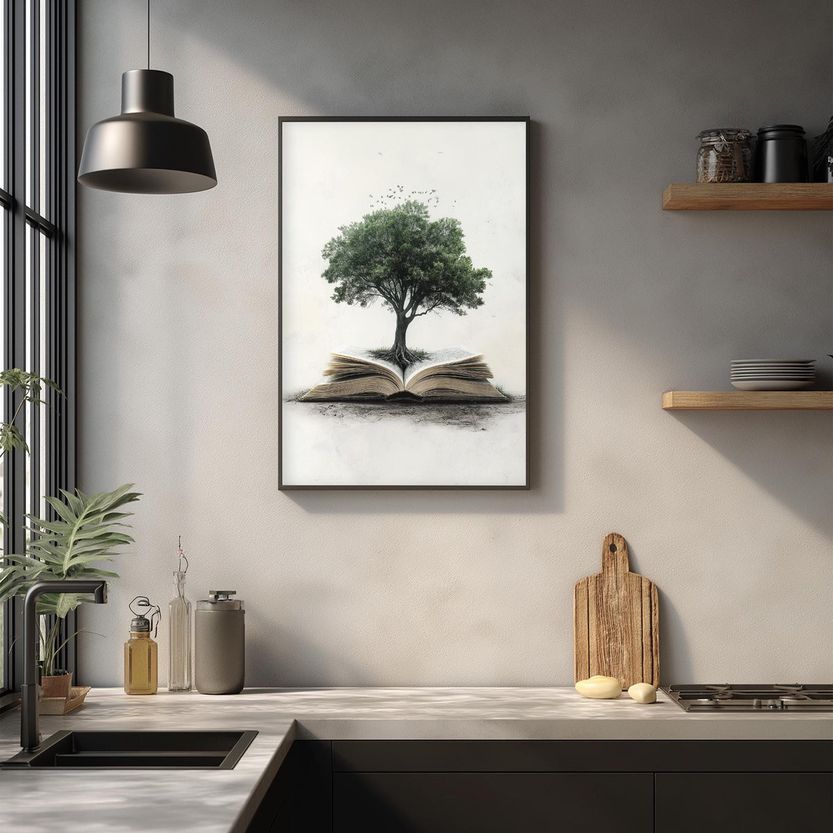 a kitchen counter with a framed picture of a tree growing out of an open book, a wooden cutting board, and various kitchen items such as a bottle, a vase, and a bowl.