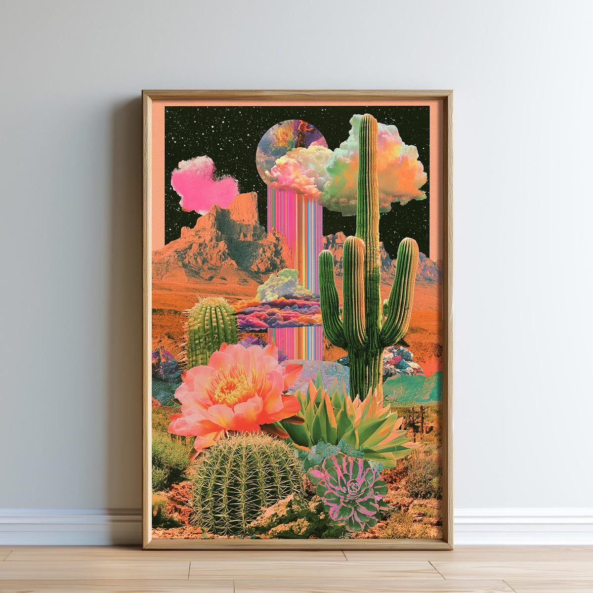 The image is a vibrant collage featuring a desert landscape with cacti, flowers, and a rainbow-colored moon.