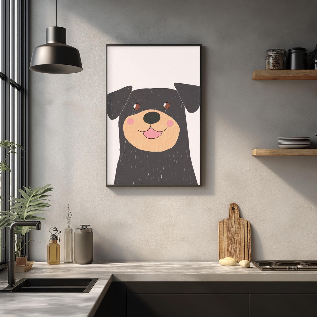 a kitchen counter with a framed picture of a smiling dog above it, a wooden cutting board, and various kitchen items such as a bottle, a cup, and a bowl.