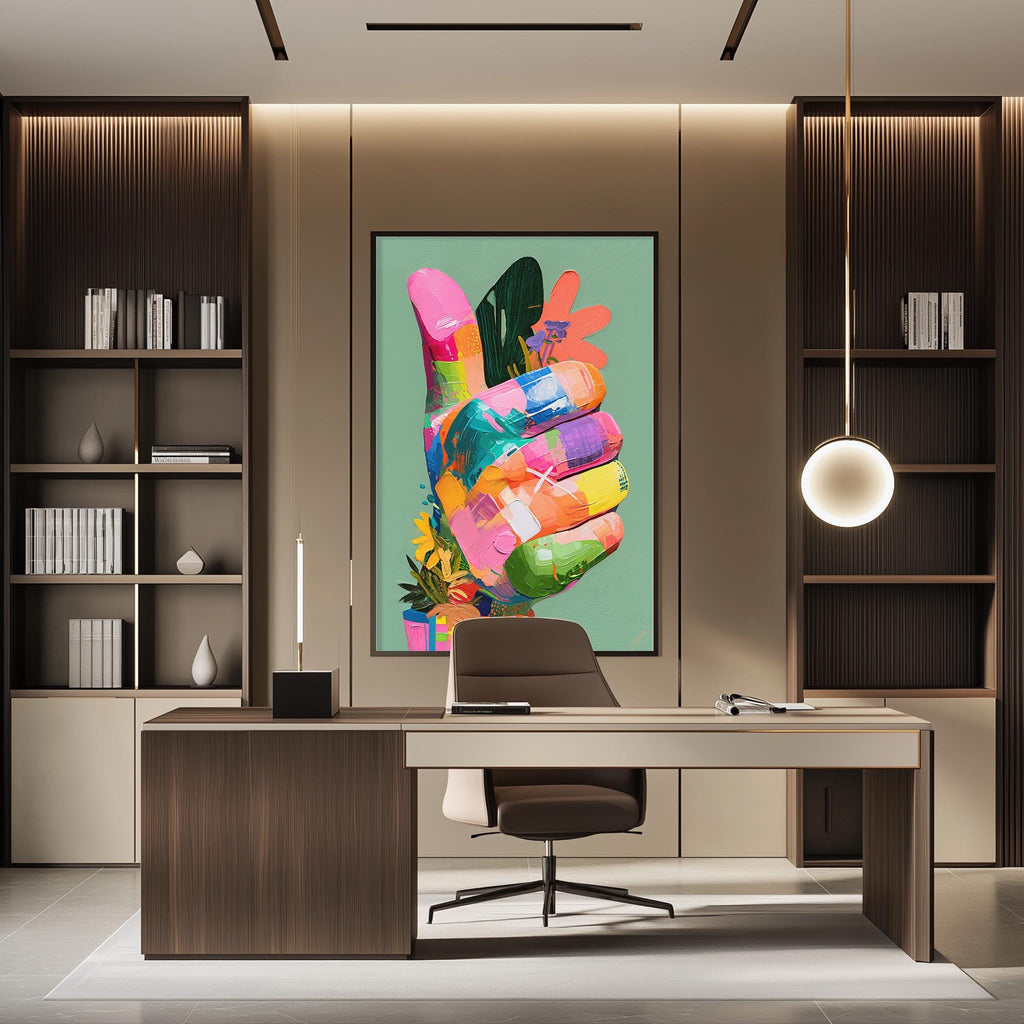 a modern office space with a large, colorful painting of a hand on the wall. The office has a wooden desk and chair, and there are bookshelves on either side of the desk. The overall design and decor create a vibrant and creative atmosphere.