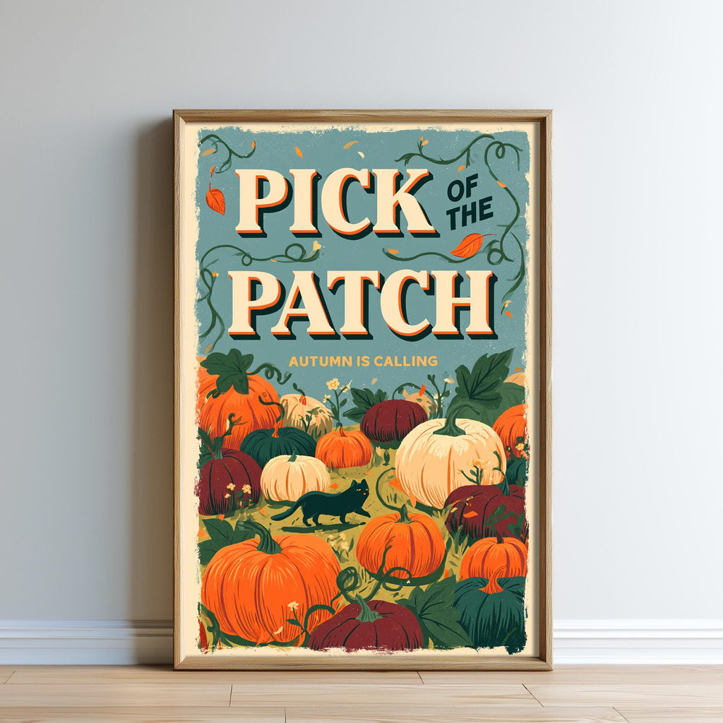 The image is a framed poster with a vibrant autumn-themed design featuring pumpkins, leaves, and a cat.