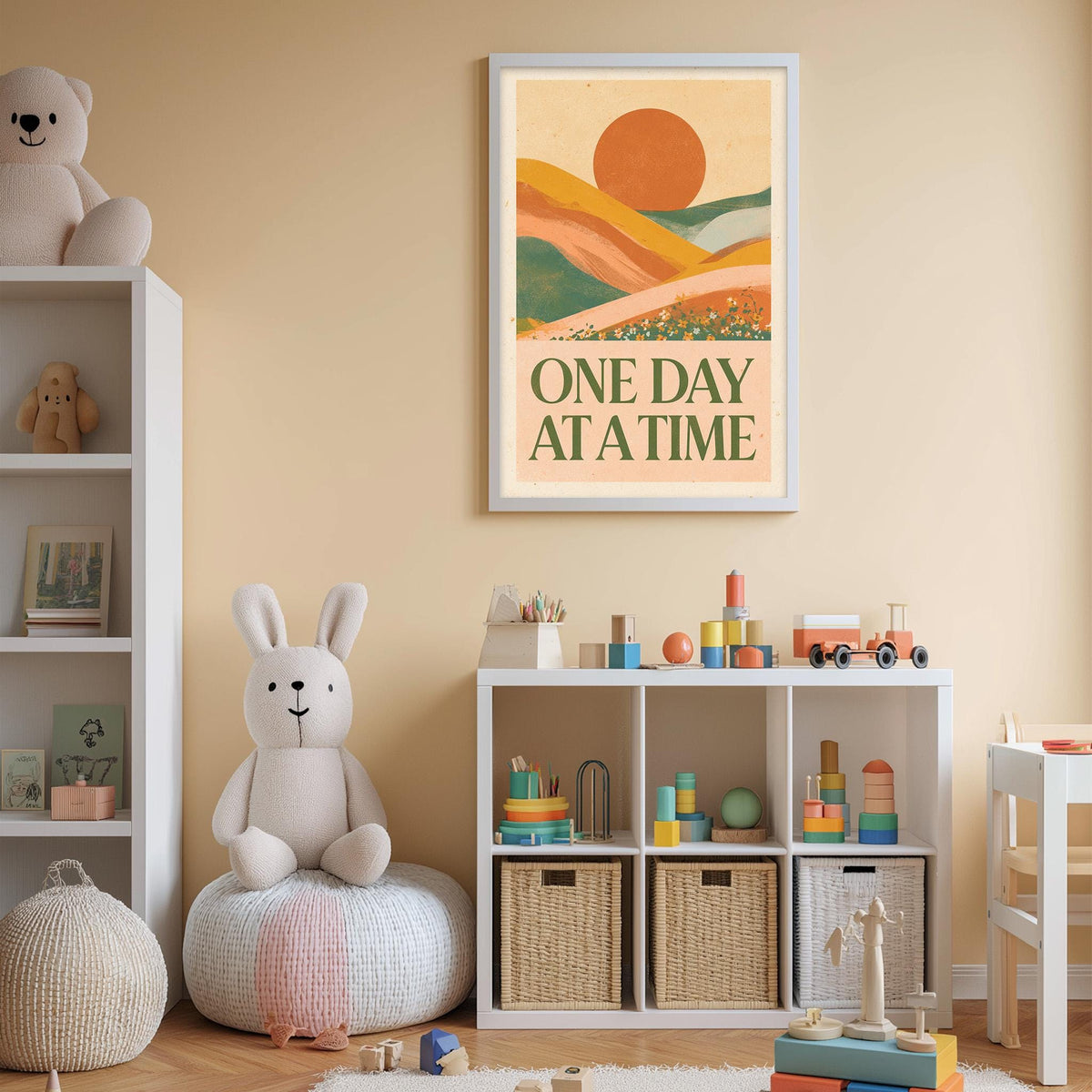 A child's bedroom with a large stuffed rabbit, a shelf with toys, and a framed poster with a landscape and the text "ONE DAY AT A TIME".