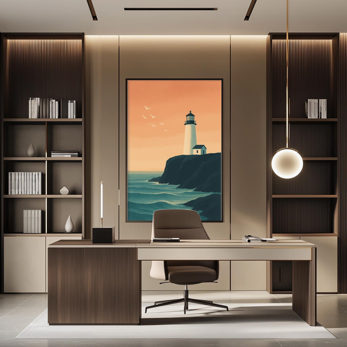 a modern office space with a large framed picture of a lighthouse on the wall, a wooden desk with a chair, and built-in bookshelves.