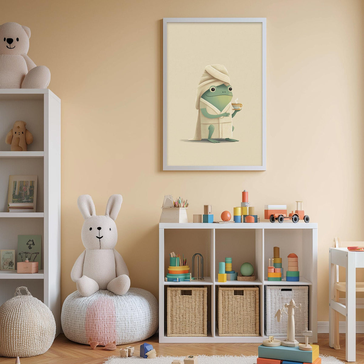 A cozy and colorful children's bedroom with a white bookshelf, a plush rabbit, and a framed illustration of a frog in a bathtub.