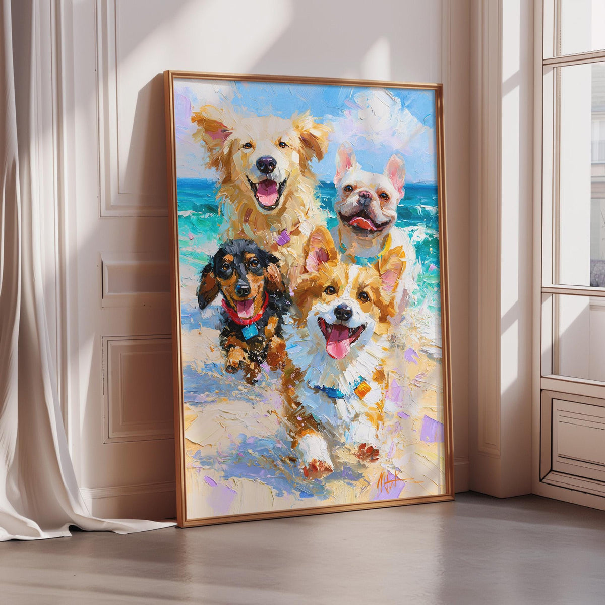 A framed painting depicting four dogs of different breeds, including a golden retriever, a corgi, a dachshund, and a pug, all appearing to be enjoying a sunny day at the beach.