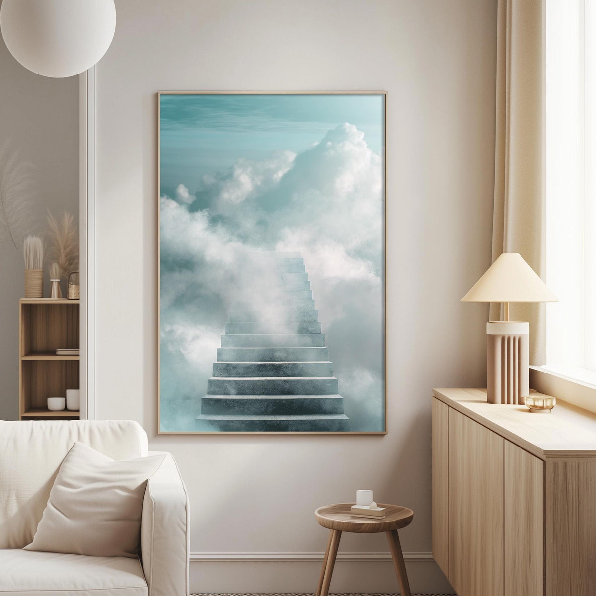 a serene living room with a large framed picture of a staircase leading up to a cloud-filled sky hanging on the wall.