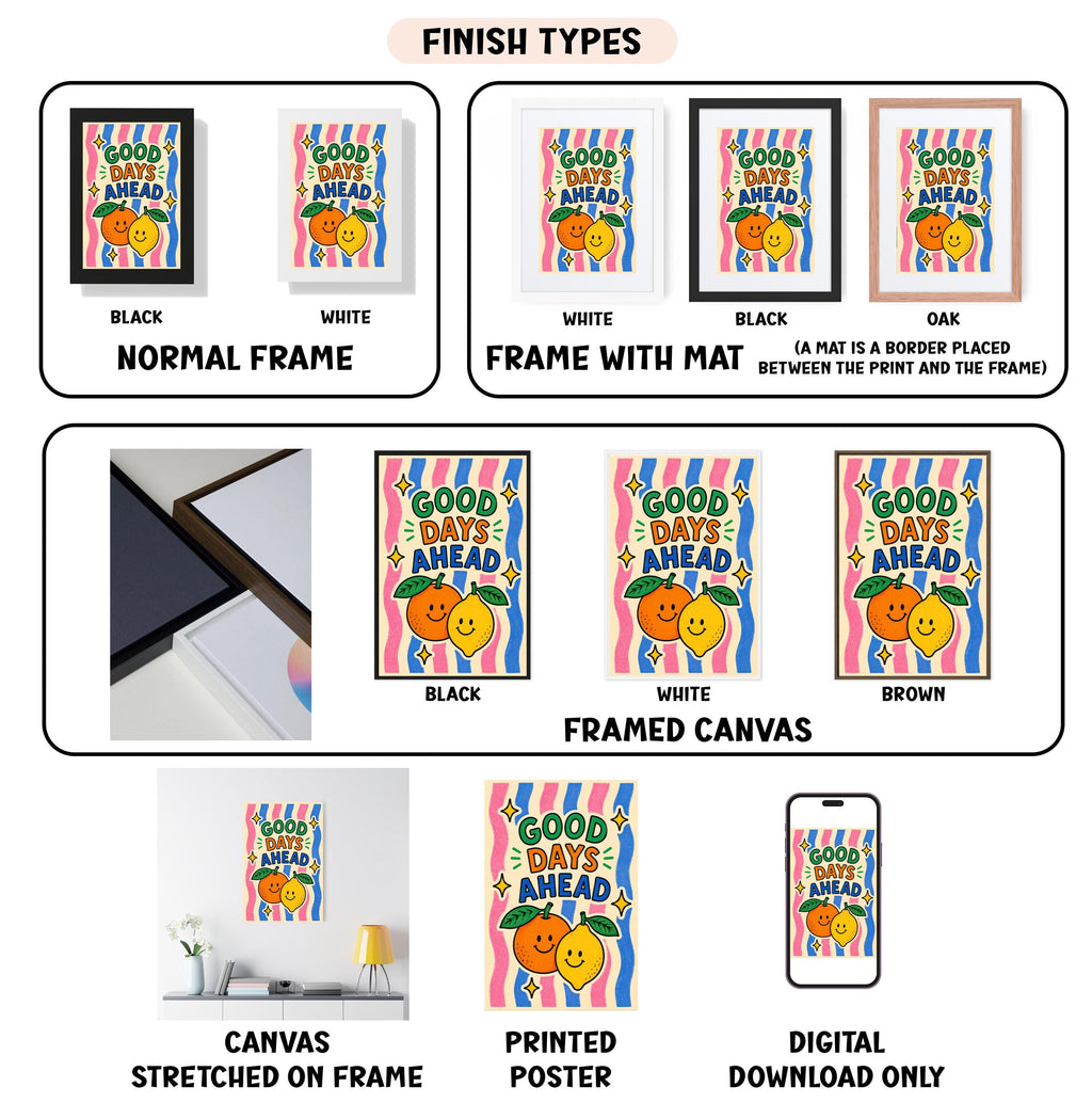 various images of framed artworks, including paintings and posters, with different finishes and frame types. The artworks feature a colorful design with the phrase "Good things ahead" prominently displayed.
