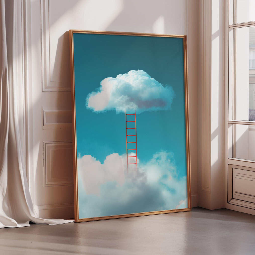 A large framed poster depicting a red ladder leading up to a fluffy white cloud against a bright blue sky.