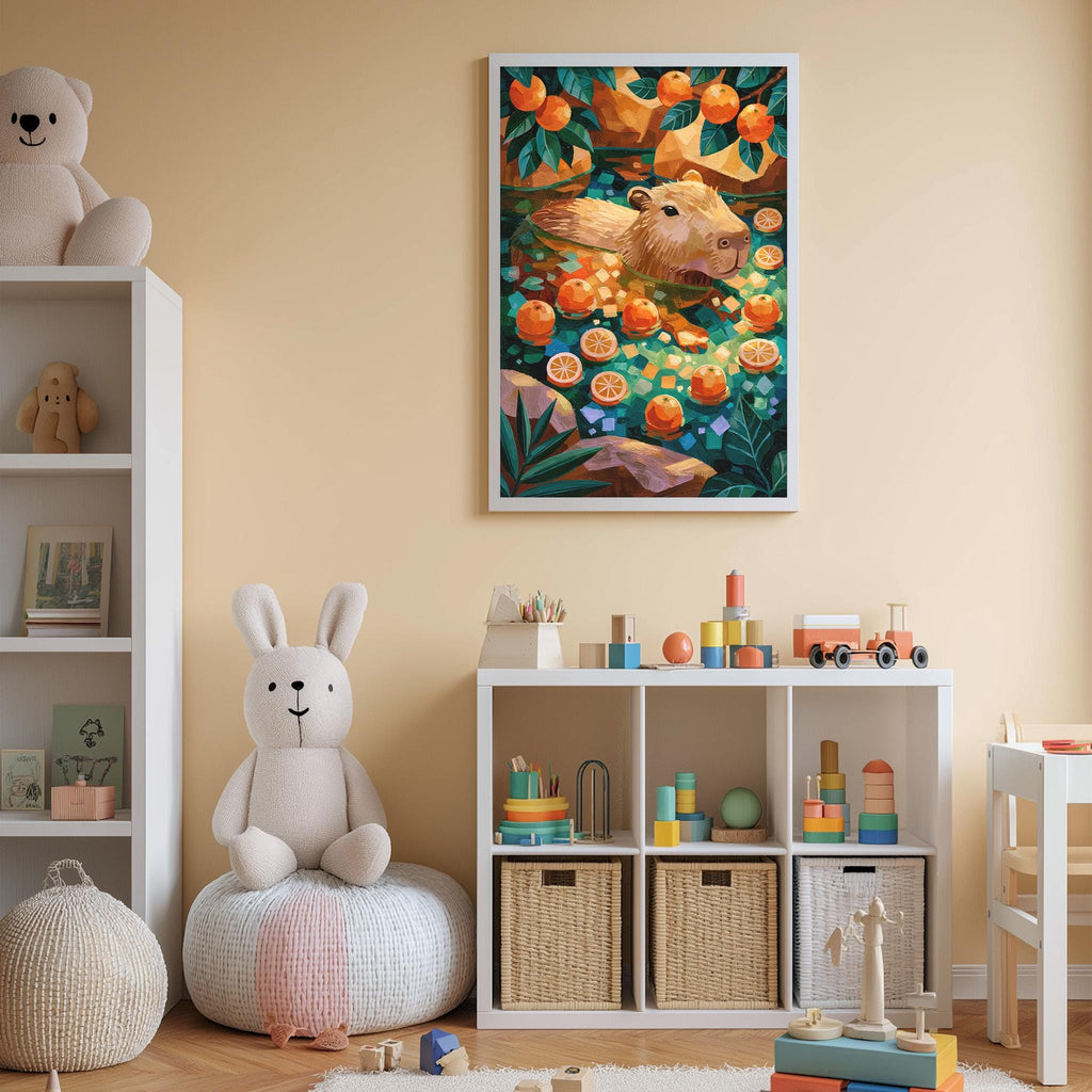 A cozy children's room with a large stuffed bunny, a bookshelf filled with toys, and a colorful painting of a rabbit surrounded by oranges on the wall.