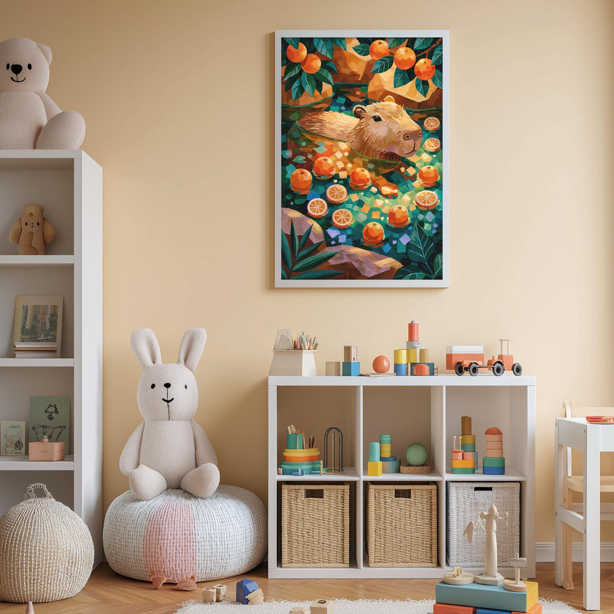 A cozy children's room with a large stuffed bunny, a bookshelf filled with toys, and a colorful painting of a rabbit surrounded by oranges on the wall.
