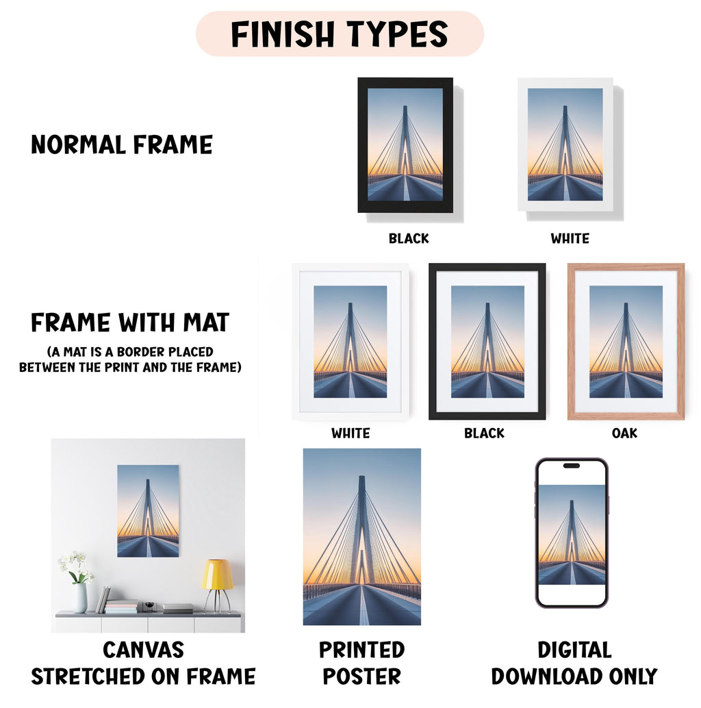 various types of artwork, including a normal frame, a frame with a mat, a white frame, a black frame, a white frame, a black frame, an oak frame, a canvas stretched on a frame, a printed poster, and a digital download only.