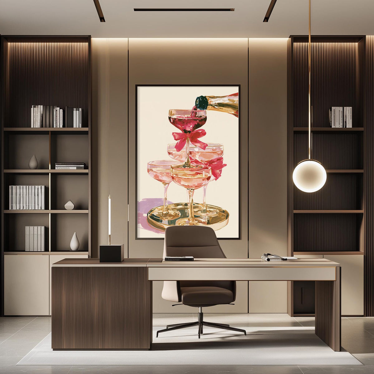 a modern and stylish office space with a large framed artwork of champagne glasses on the wall, a wooden desk, and a comfortable-looking chair.