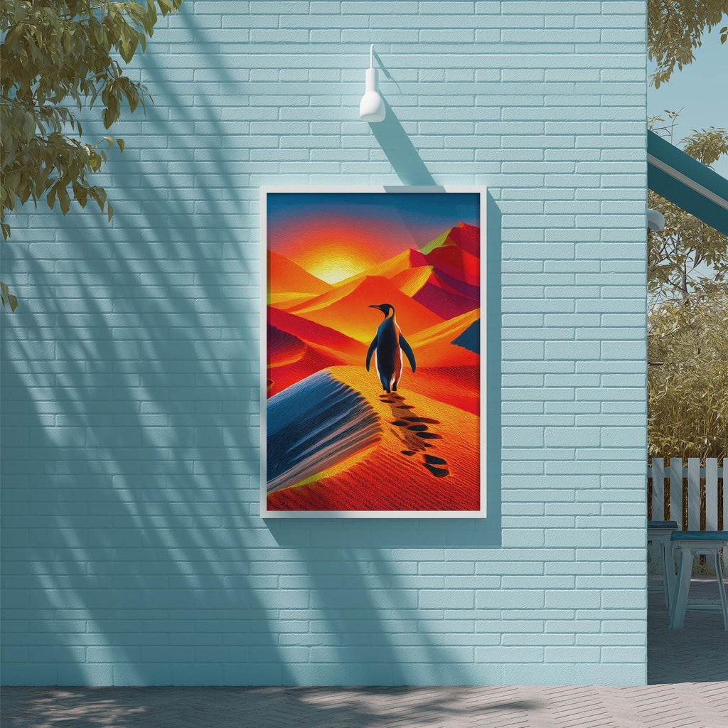 a vibrant painting of a penguin standing on a rock, with a desert landscape in the background. The painting is displayed on a blue wall, and there is a white light fixture above it.