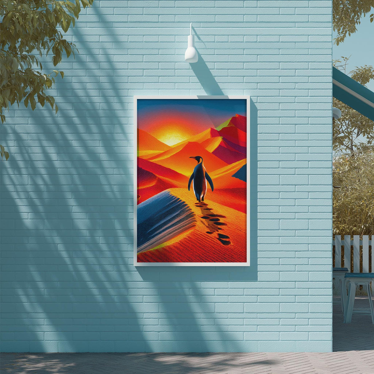 a vibrant painting of a penguin standing on a rock, with a desert landscape in the background. The painting is displayed on a blue wall, and there is a white light fixture above it.