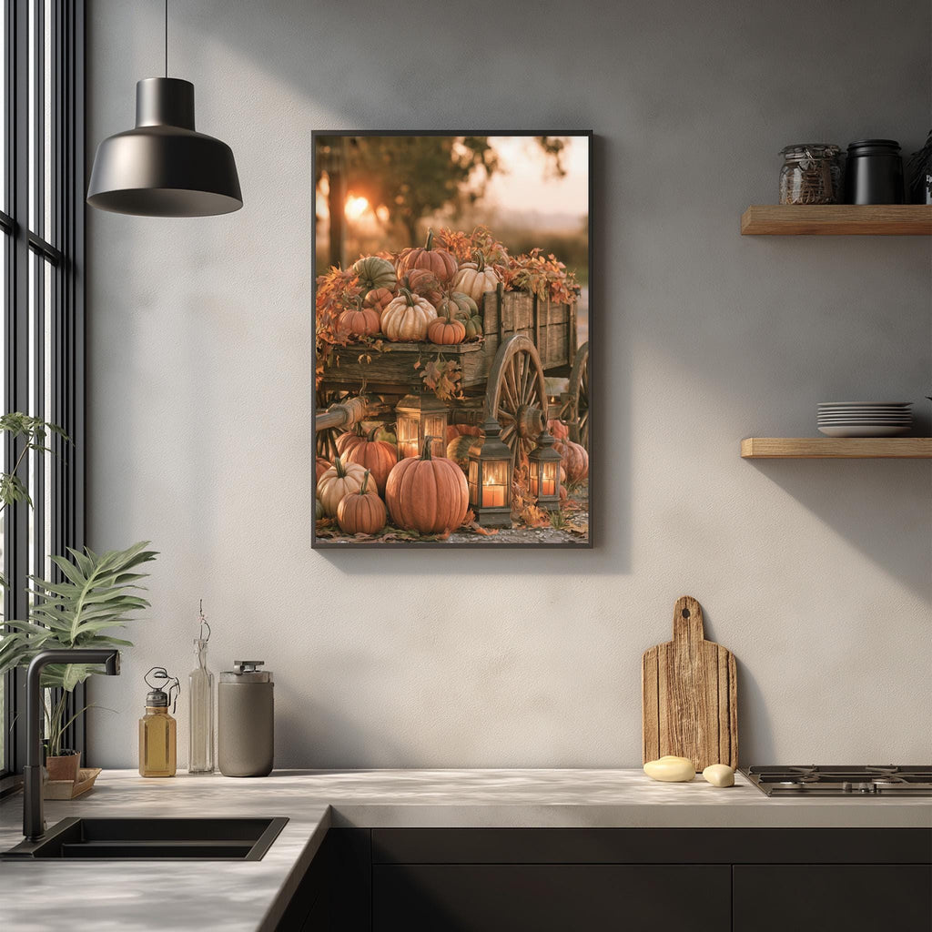 a kitchen counter with a wooden cutting board, a wooden rolling pin, and a wooden tray with a candle. Above the counter, there is a framed picture of a wagon filled with pumpkins and other fall decorations.
