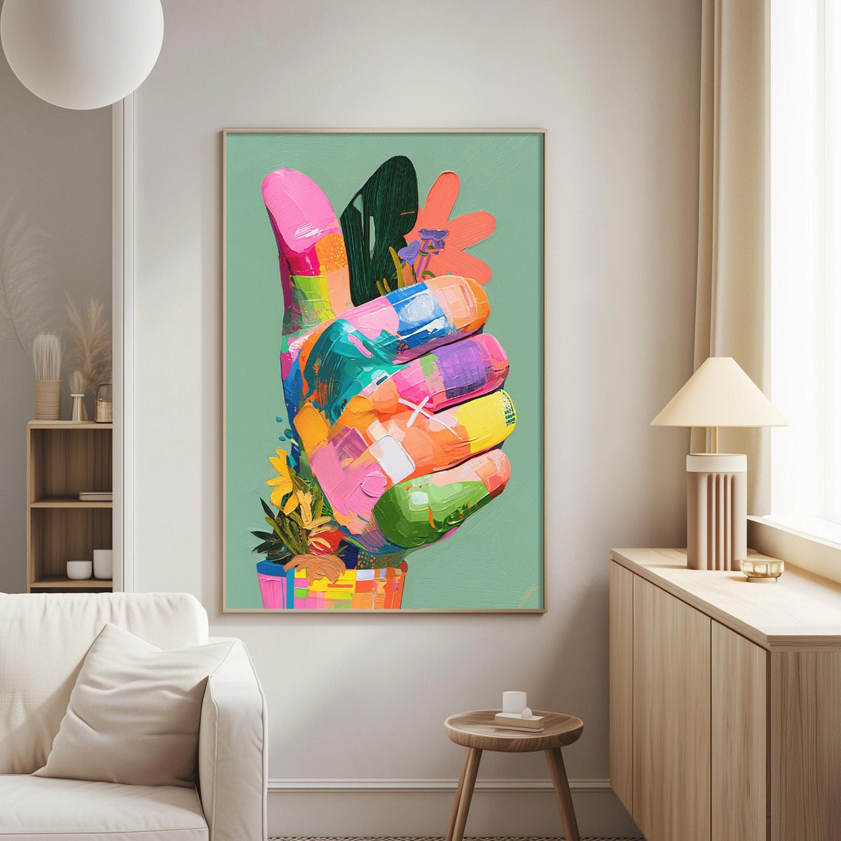 a vibrant, colorful painting of a hand holding a flower, which is displayed on the wall in a living room setting.