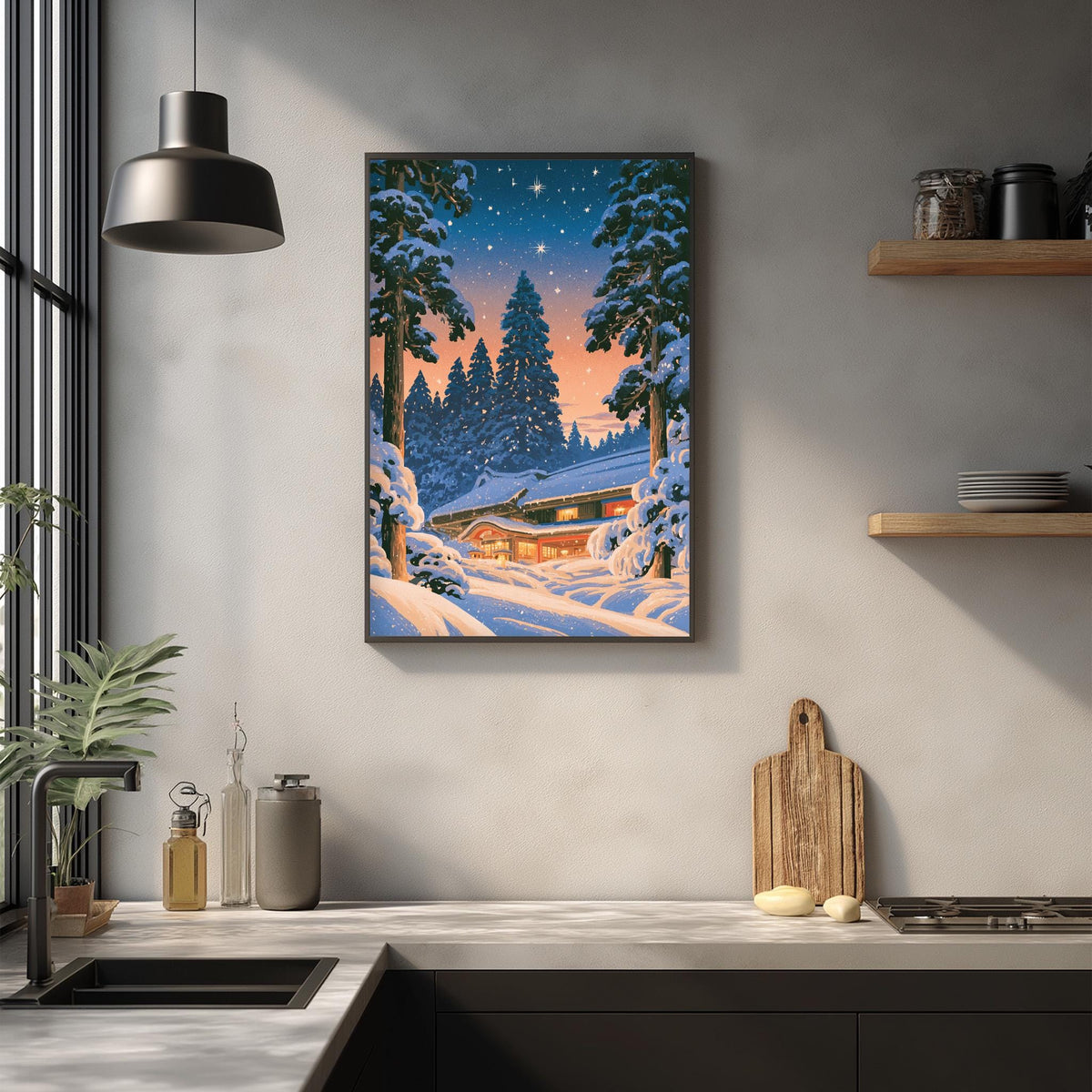 a cozy winter scene with a cabin nestled in a snowy landscape, surrounded by trees. The cabin is illuminated by warm lighting, creating a welcoming atmosphere. The cabin is situated on a hill, offering a picturesque view of the surrounding area. The cabin is surrounded by snow-covered trees, and the sky above is a deep blue, dotted with stars. The cabin is the focal point of the image, drawing the viewer's attention to its beauty and tranquility.
