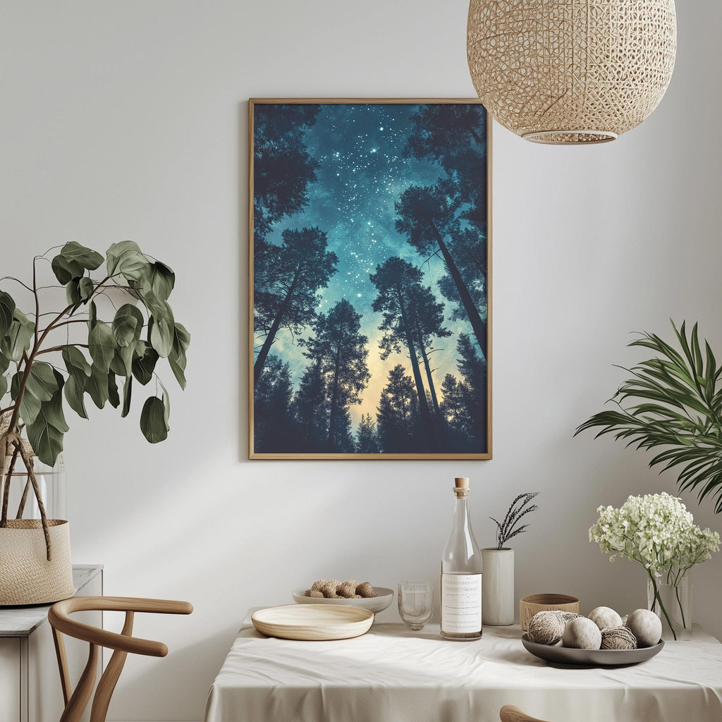 a serene indoor setting with a framed picture of a starry night sky hanging on the wall above a dining table. The table is set with various items, including a bottle, a bowl, and a vase with flowers. The table is surrounded by chairs, creating a cozy and inviting atmosphere. The overall scene conveys a sense of tranquility and relaxation, with the starry night sky as the focal point.