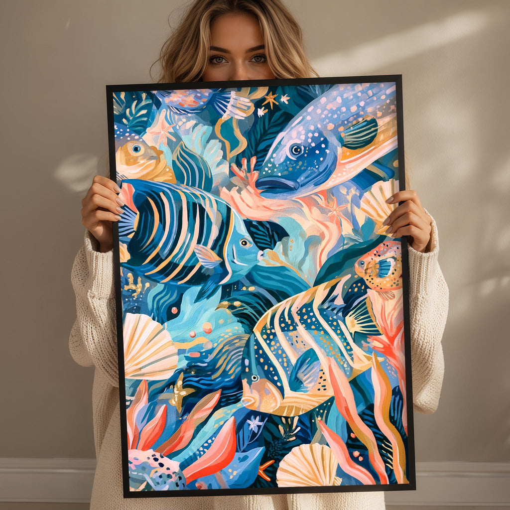 A woman holds up a vibrant, colorful painting depicting a lively underwater scene with various fish, coral, and other marine life.