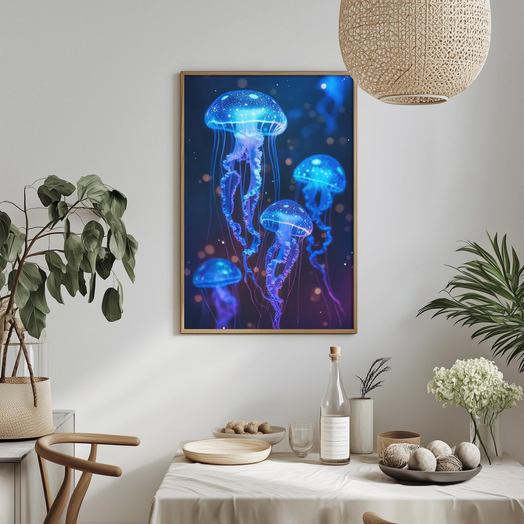 a framed artwork of jellyfish with blue and purple hues, hanging on a wall above a dining table with various decorative items and plants.