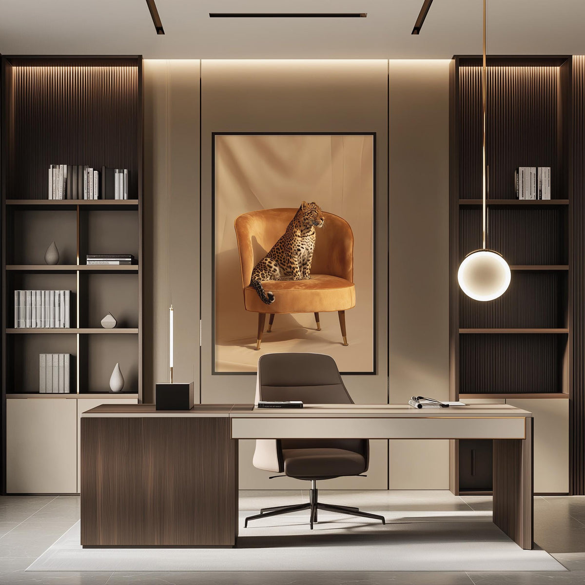 a modern and stylish office space with a large desk, a comfortable chair, and a framed picture of a leopard sitting on the chair.