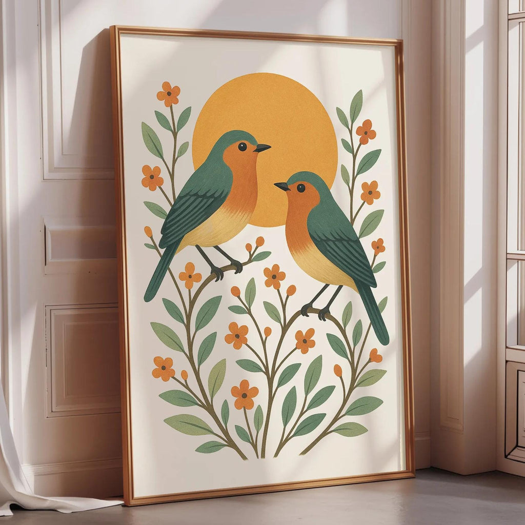 A framed illustration of two birds perched on branches with orange flowers and leaves, set against a yellow sun in the background.