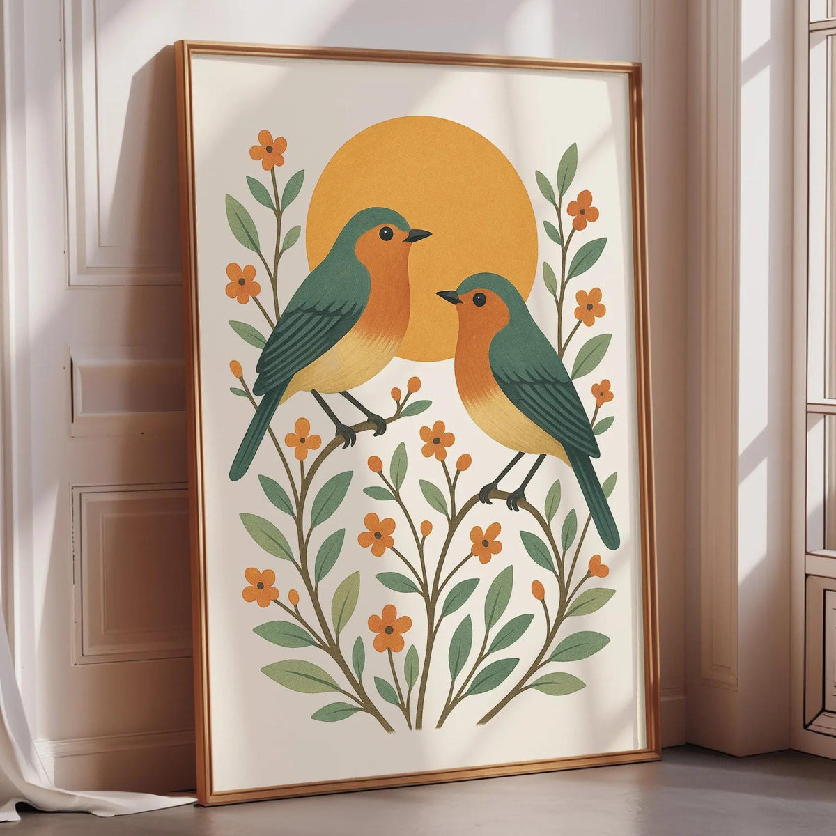 A framed illustration of two birds perched on branches with orange flowers and leaves, set against a yellow sun in the background.