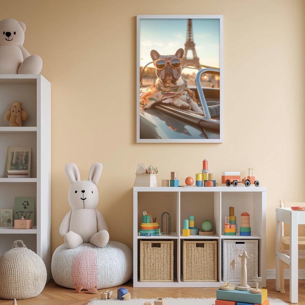A cozy children's room with a white bookshelf, a plush bunny, a toy car, and a framed picture of a dog in sunglasses.