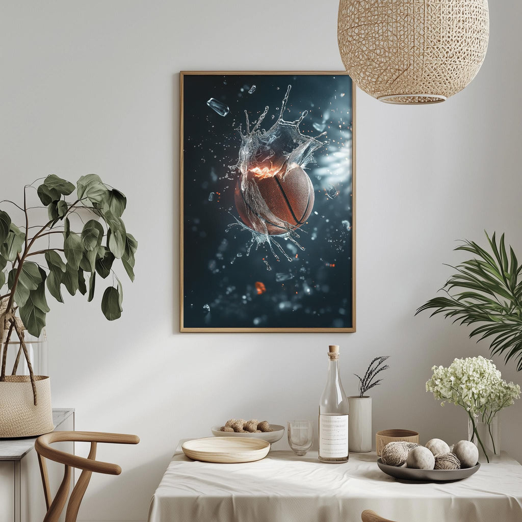 a framed artwork of a basketball in mid-air, surrounded by splashes of water and light, creating a dynamic and visually striking scene.