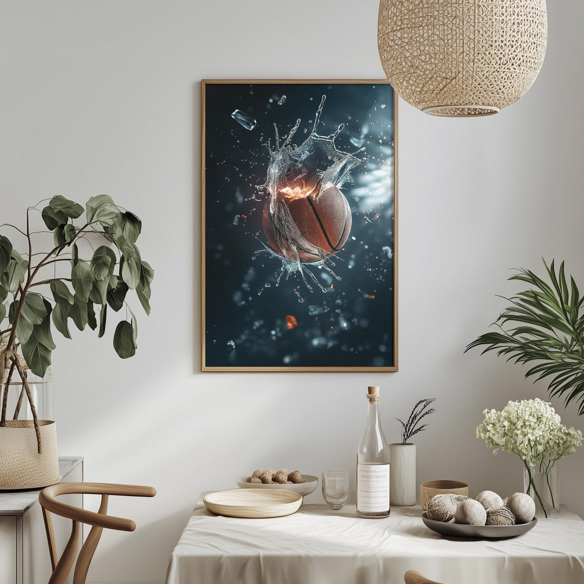 a framed artwork of a basketball in mid-air, surrounded by splashes of water and light, creating a dynamic and visually striking scene.