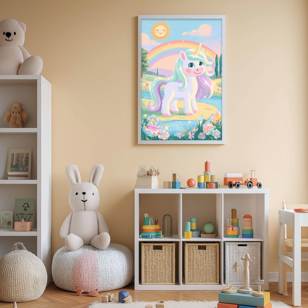 A child's bedroom with a large framed poster of a unicorn on the wall, surrounded by various toys and storage bins.