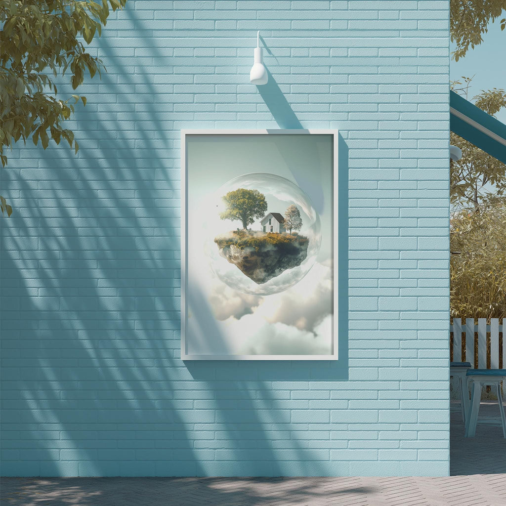 a blue brick wall with a framed picture of a floating island scene hanging on it.