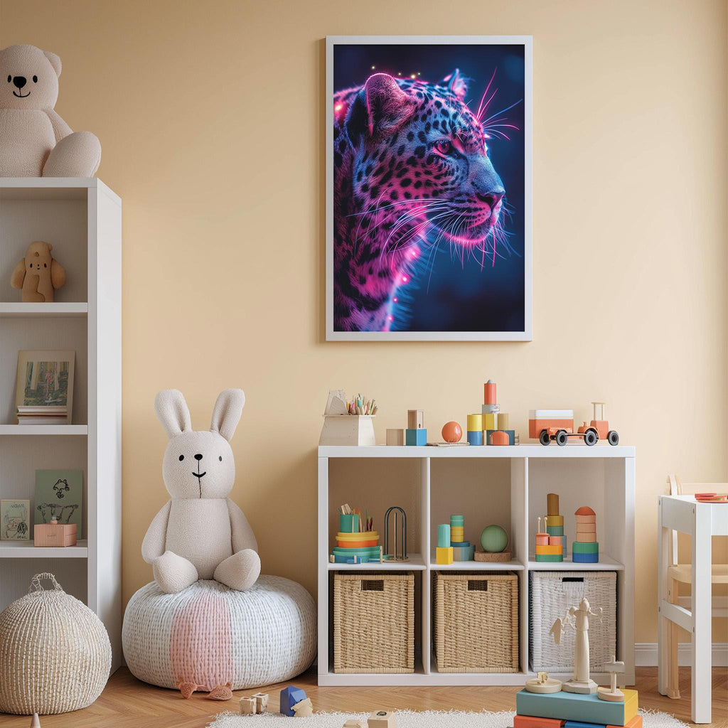 a child's bedroom with a large framed poster of a leopard on the wall, a white bookshelf filled with toys, and a white bean bag chair.