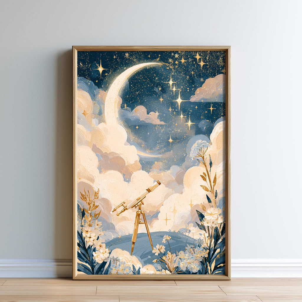 The image is a framed artwork depicting a telescope set against a starry night sky with a crescent moon and clouds.