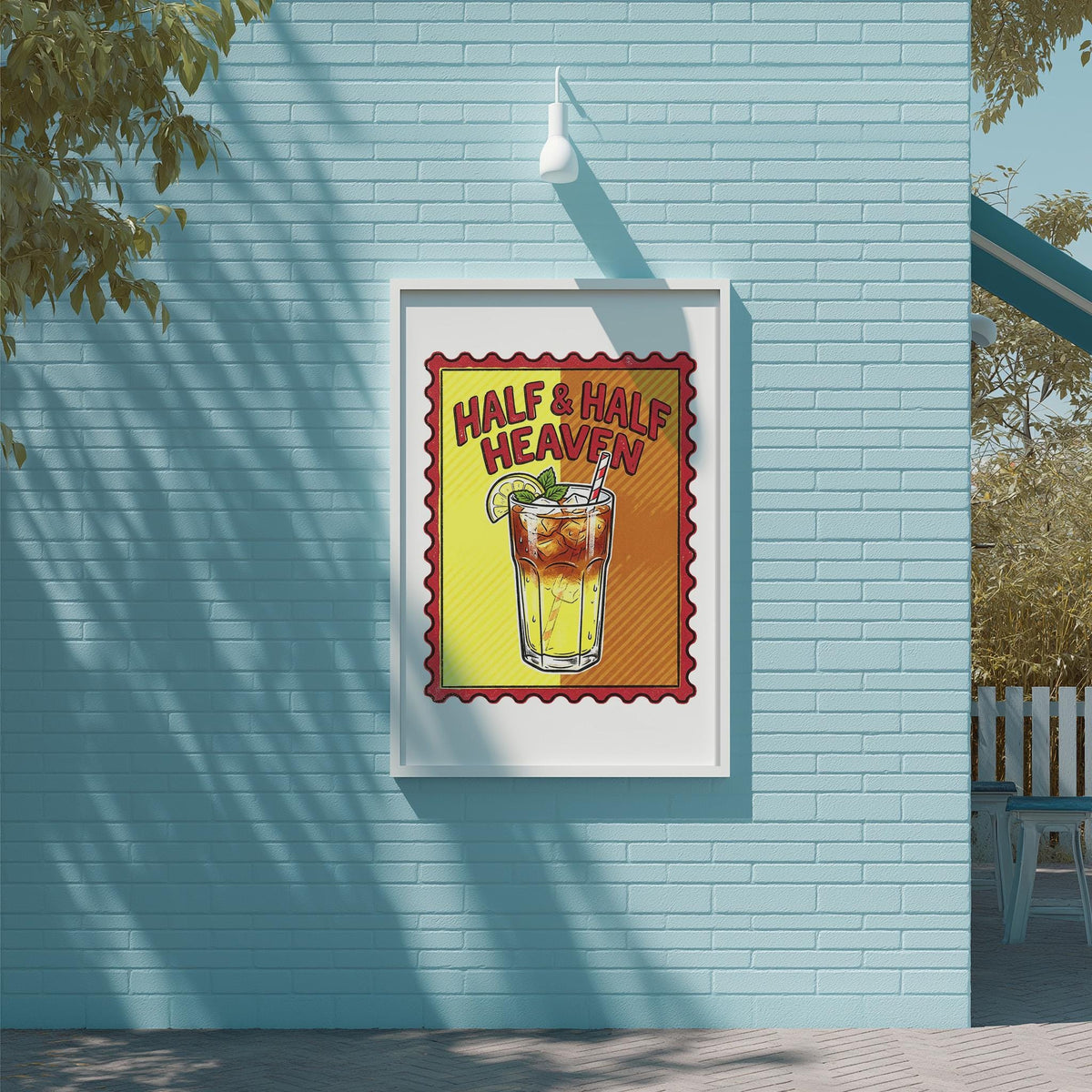a poster with the text "Half & Half Heaven" displayed on a blue brick wall.