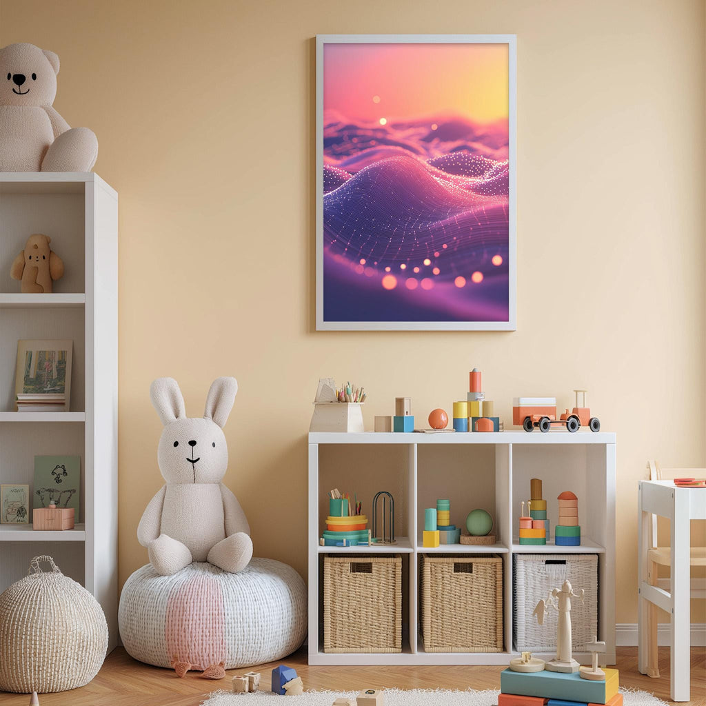 A child's bedroom with a white bookshelf, a stuffed rabbit, and a colorful abstract painting on the wall.
