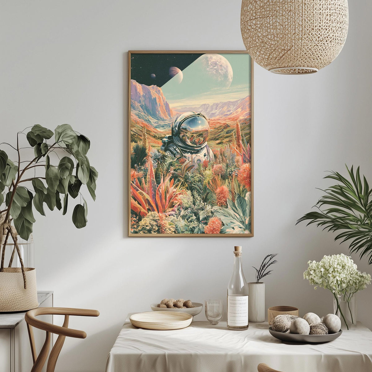 a vibrant, surreal scene of an astronaut exploring a lush, colorful landscape, with a moon and planets visible in the background.