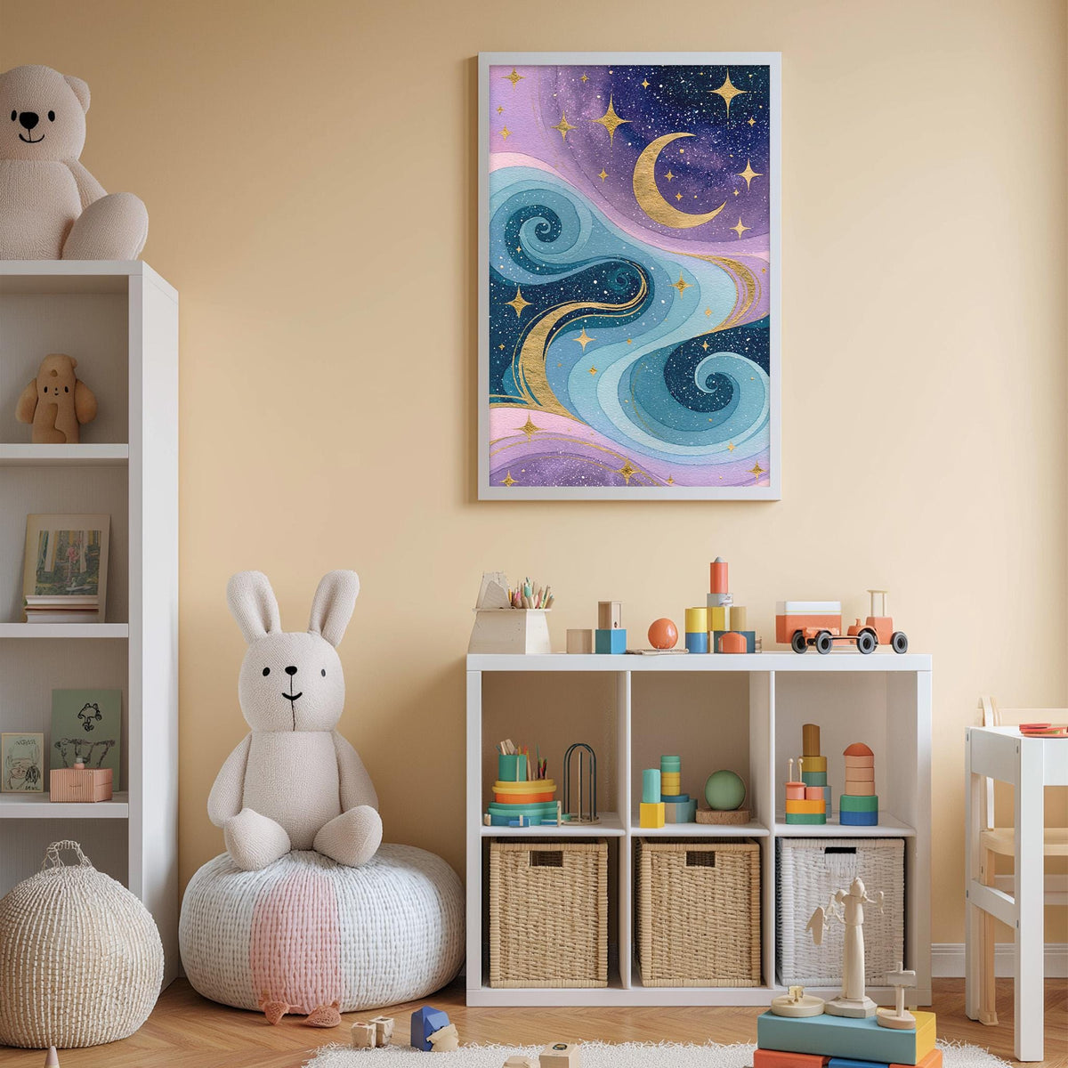 A cozy and colorful children's bedroom with a large stuffed bunny, a bookshelf, and a toy chest filled with toys. The walls are painted a light peach color, and a framed picture of a starry night sky hangs above the bed.