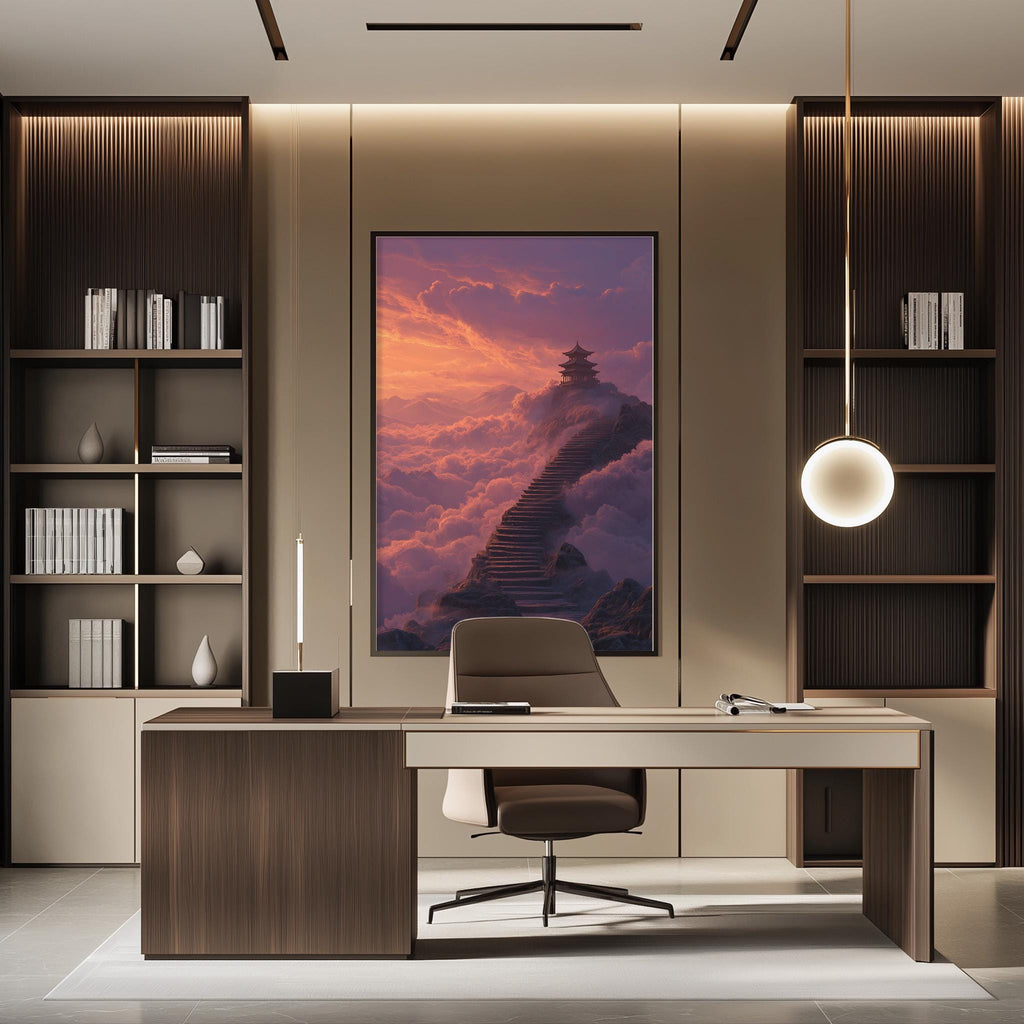 a modern office space with a large painting of a mountain landscape hanging on the wall. The painting depicts a temple nestled among clouds and mountains, creating a serene and tranquil atmosphere. The office has a wooden desk and chair, as well as built-in bookshelves and a pendant light, contributing to the overall stylish and functional design.