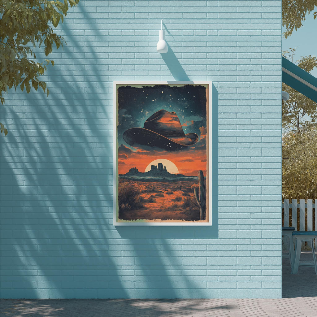 a large framed poster of a cowboy hat hanging on a blue brick wall.
