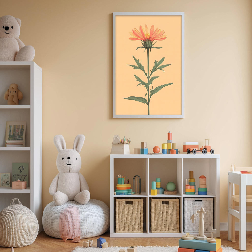 A cozy children's room with a white bookshelf, a plush bunny, and a colorful toy box filled with toys. A framed picture of a flower is hanging on the wall above the bookshelf.