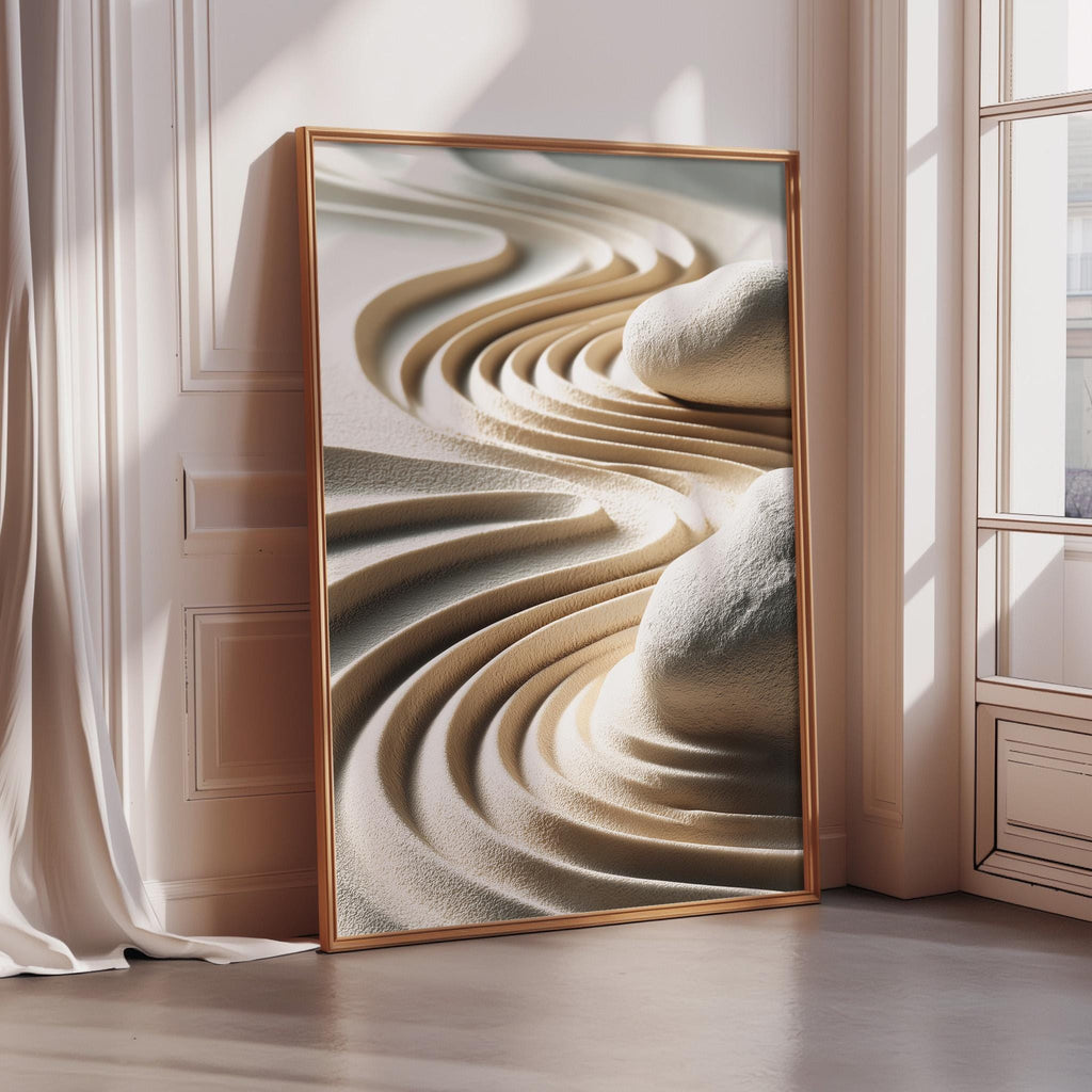 a large, framed picture of a sandy landscape with curved lines and shapes, creating a visually striking and abstract representation of the natural environment.